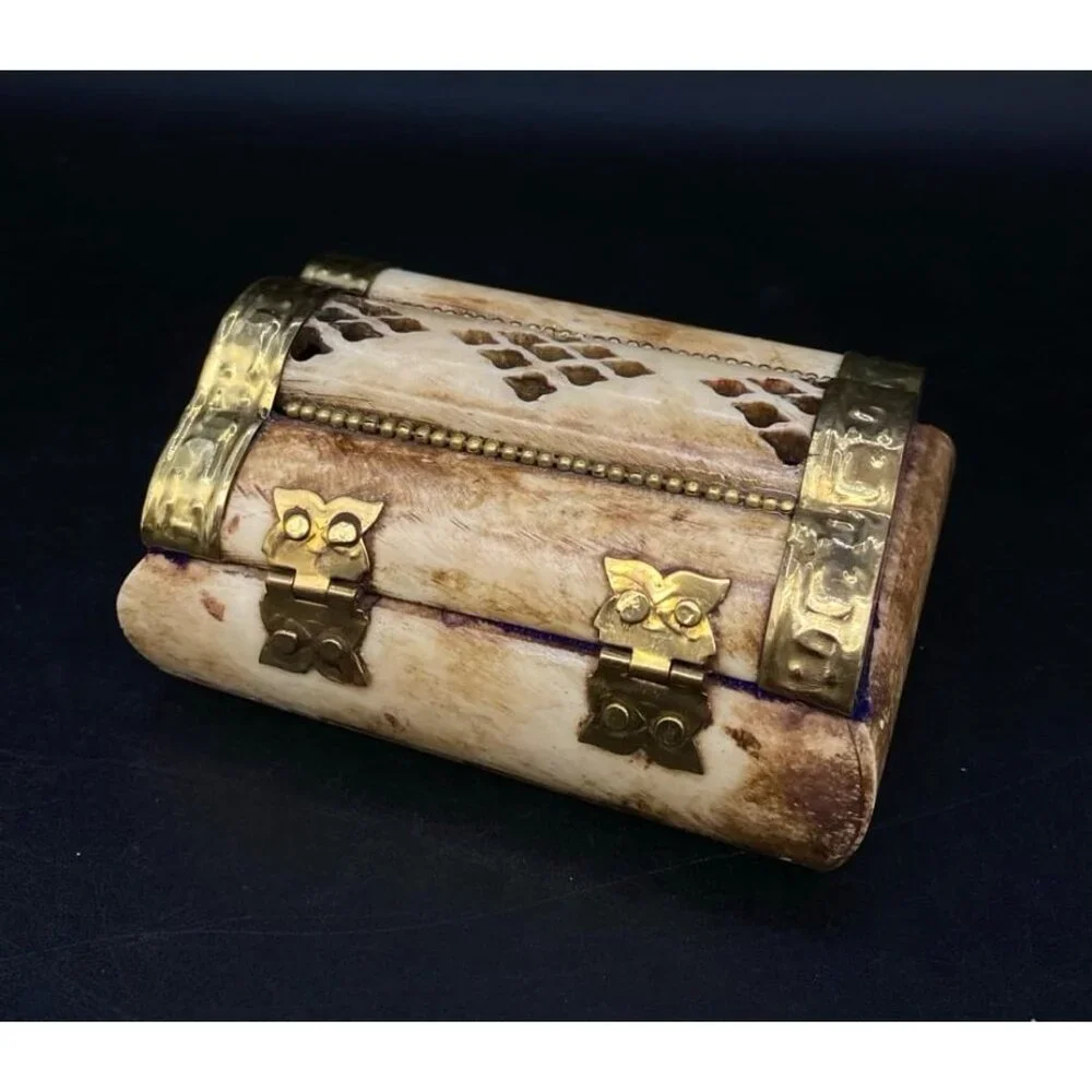 Camel Bone Treasure Chest Jewelry Trinket Box Brass Velvet Lined 3”x2